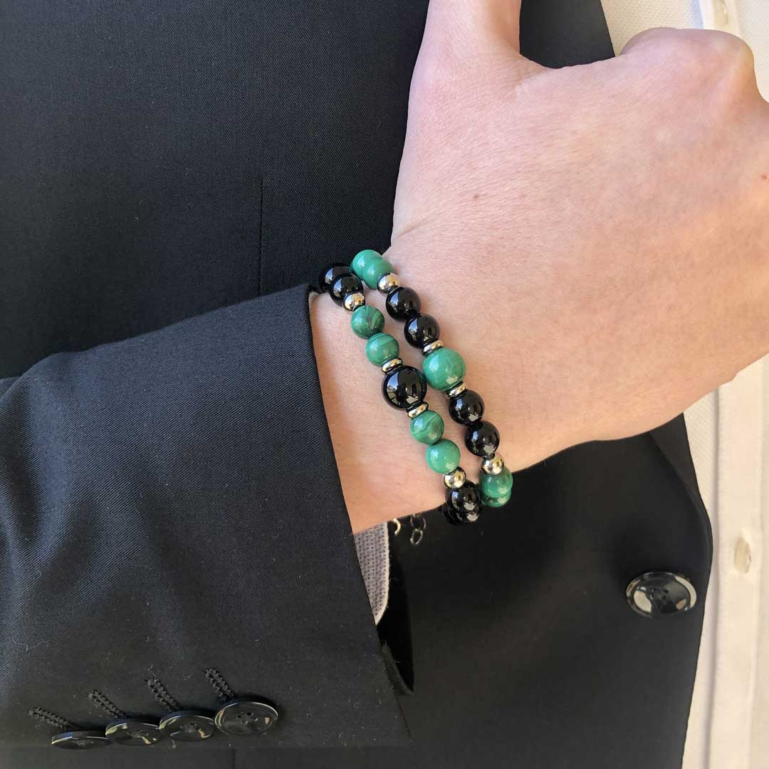 Set doppio bracciale con pietra naturale Malachite e Onice Nera da uomo