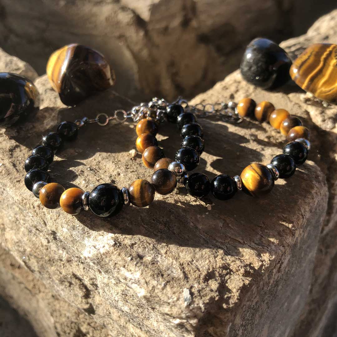 Set doppio bracciale con pietra naturale Occhio di Tigre e Onice Nera